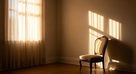 Sunlight streams through a window, casting shadows on an antique chair in a quiet room, evoking a sense of peace and solitude