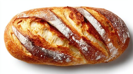 Freshly baked loaf of artisan bread sprinkled with flour lies on a white surface showing golden crust and scored top