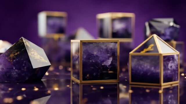 A close-up view of  faceted amethyst crystals encased in ornate gold frames, presented on a reflective surface with glittering gold accents.