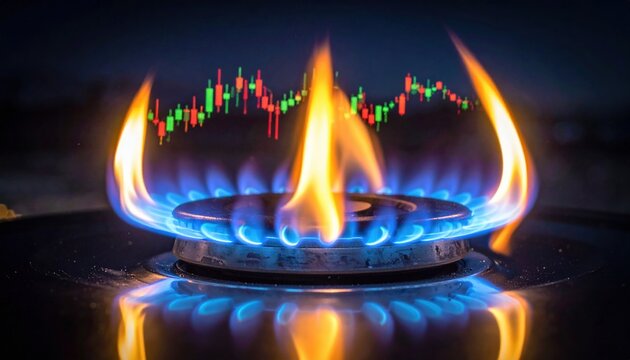 Gas flame with financial trading chart symbolizing energy market volatility and rising natural resource prices in global economy context - Powered by Adobe
