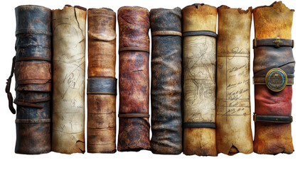 Set of ancient parchment scrolls isolated on a white transparent background