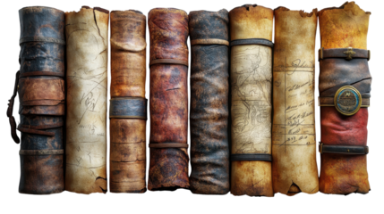 Set of ancient parchment scrolls isolated on a white transparent background