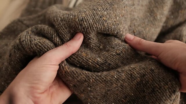 Closeup video of hands touching soft wool sweater. Brown knitted sweater for cold winter. Appreciating pleasant texture of high quality clothes. Soft and cozy clothes. 