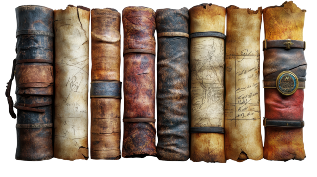 Set of ancient parchment scrolls isolated on a white transparent background