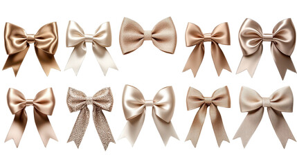 Set of beige ribbons and bows isolated on a white transparent background