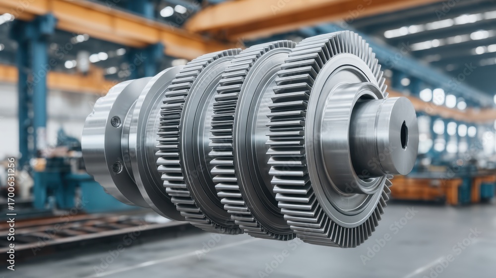 Poster close-up view of metal gears in precision manufacturing environment with industrial background enhan