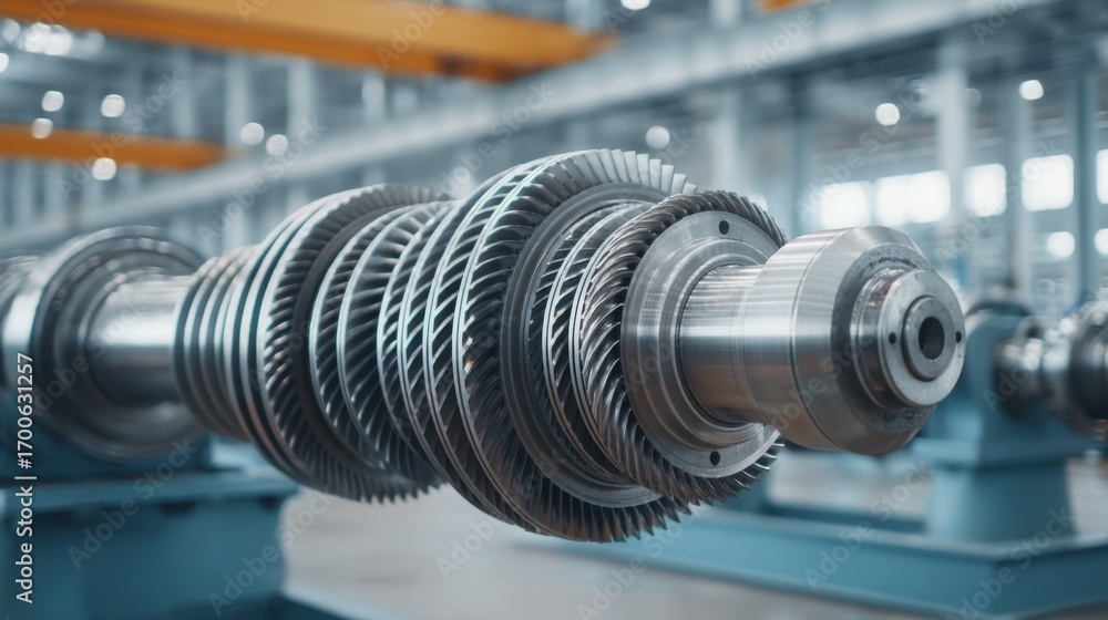 Poster high-resolution close-up of industrial turbine engine component in modern factory setting with advan
