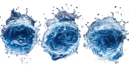 Set of blue water splashes with droplets isolated on a white transparent background