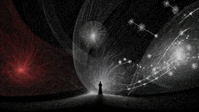 A person silhouette stands in front of cosmic swirls, glowing galaxies and constellations on a dark background, concept of cosmic wonder