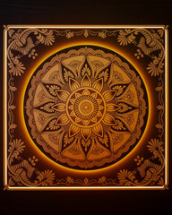 Illuminated Golden Mandala With Floral Border glowing