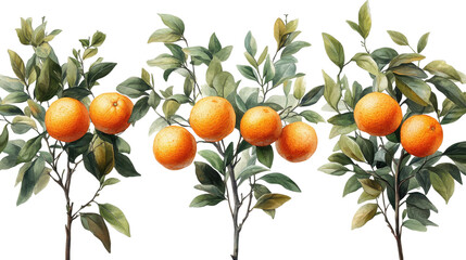 Set of branches with ripe delicious oranges isolated on a white transparent background