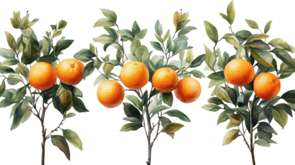 Set of branches with ripe delicious oranges isolated on a white transparent background