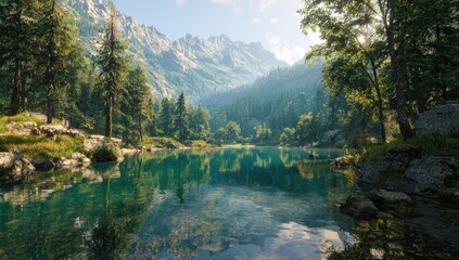 Serene alpine lake nestled in a valley of towering pines.  Clear turquoise water reflects a mountain backdrop of rugged peaks under a bright, sunny sky. Lush green foliage surrounds the tranquil scene