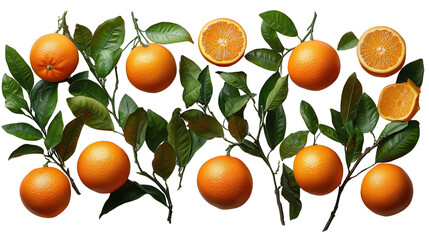 Set of branches with ripe, delicious oranges isolated on a white transparent background