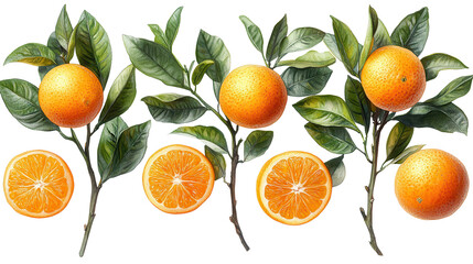Set of branches with ripe, delicious oranges isolated on a white transparent background
