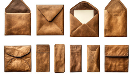 Set of brown envelopes sealed empty and with a blank isolated on a white transparent background