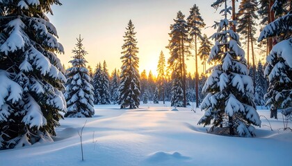 Winter sunrise in a snowy forest