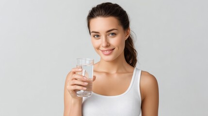 Young woman with long hair smiles while holding a glass of clear water, promoting hydration and healthy lifestyle, on a light gray background, wellness concept