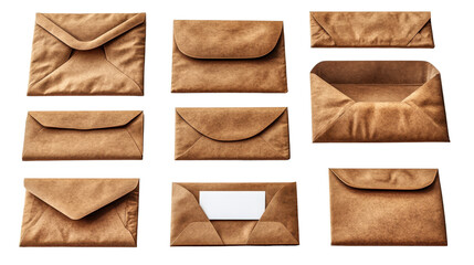 Set of brown envelopes sealed empty and with a blank isolated on a white transparent background
