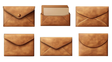 Set of brown envelopes sealed empty and with a blank isolated on a white transparent background