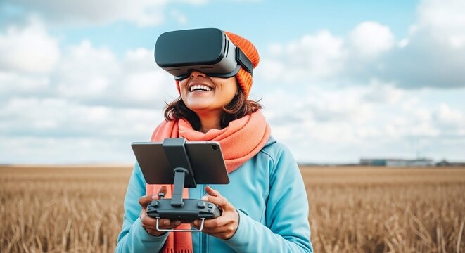 Woman in VR Headset Operating Drone in Field