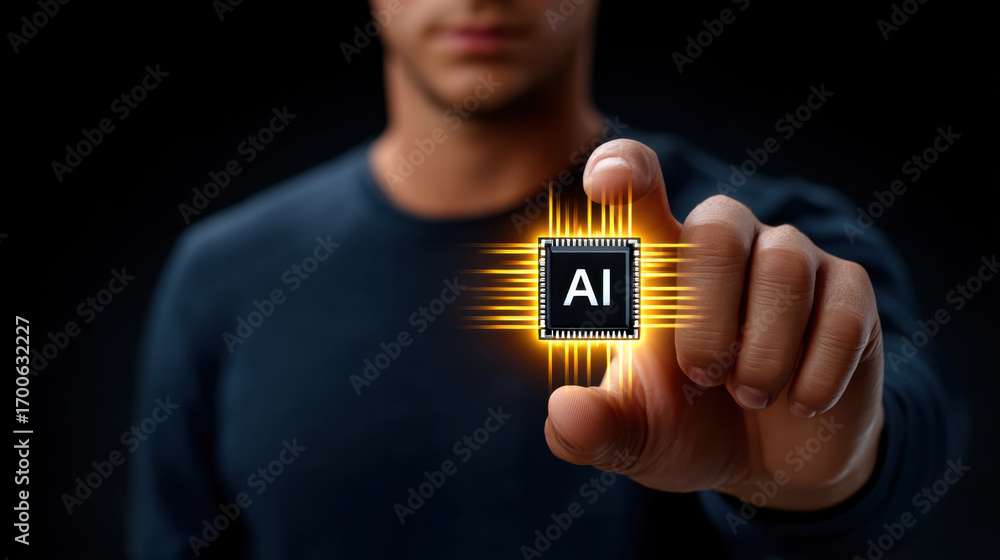 Poster ai chip as digital brain in hand glowing futuristic technology concept innovation intelligence micro