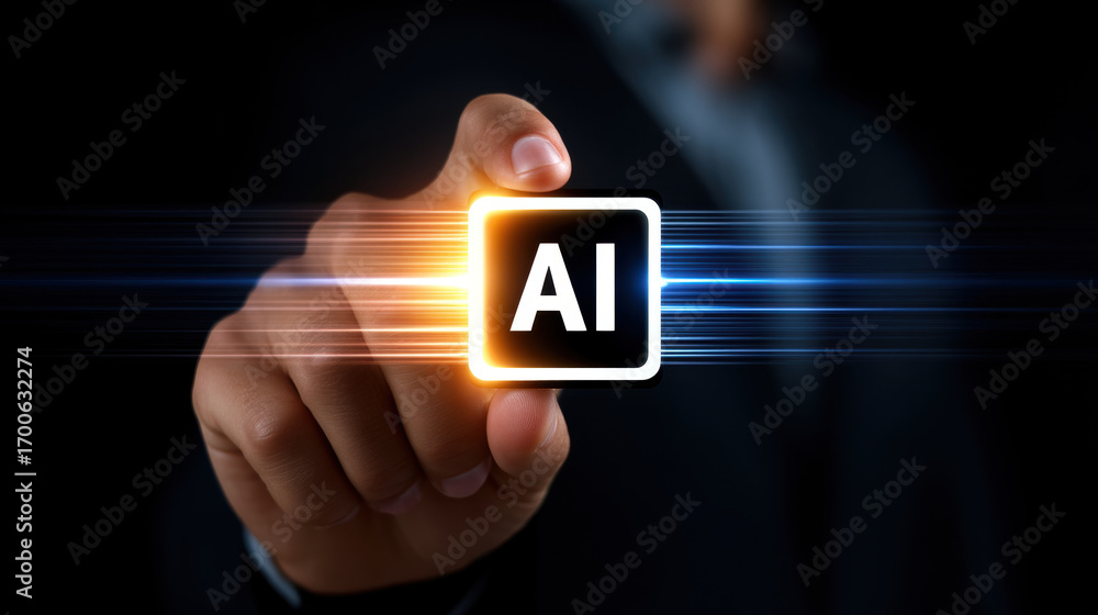 Poster artistic ai chip in hand with light effects creating futuristic and innovative technology concept fo
