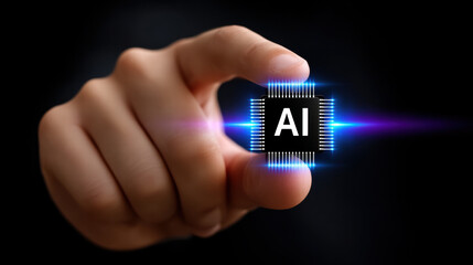 Ai chip as digital brain in hand with glowing light on black background showing innovation and technology