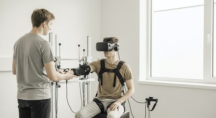 Man in VR Headset During Arm Therapy Session in a Clinic