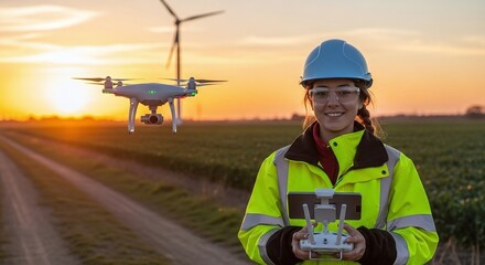 Woman Operating Drone in Field at Sunset with Wind Turbine