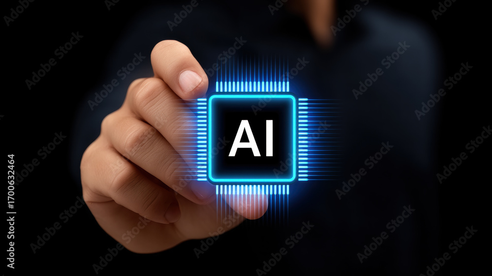 Poster artistic ai chip in hand with light effects create futuristic and innovative technology concept for 