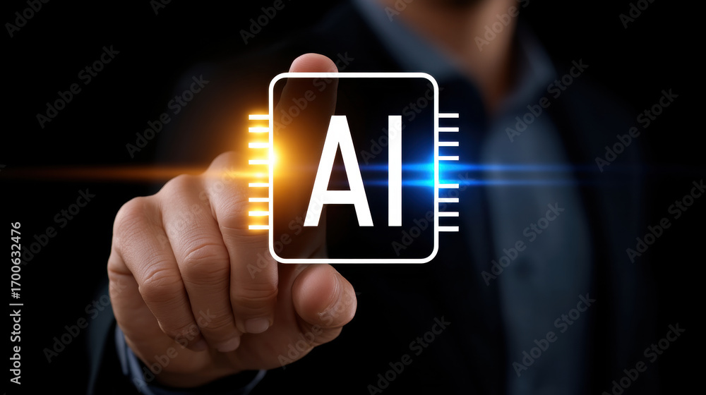 Poster artistic ai chip in hand with light effects create futuristic and innovative technology concept for 