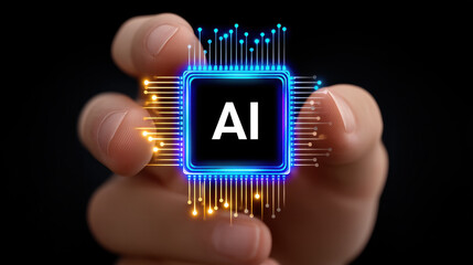 Artistic ai chip in hand with light effects glowing futuristic technology innovation concept