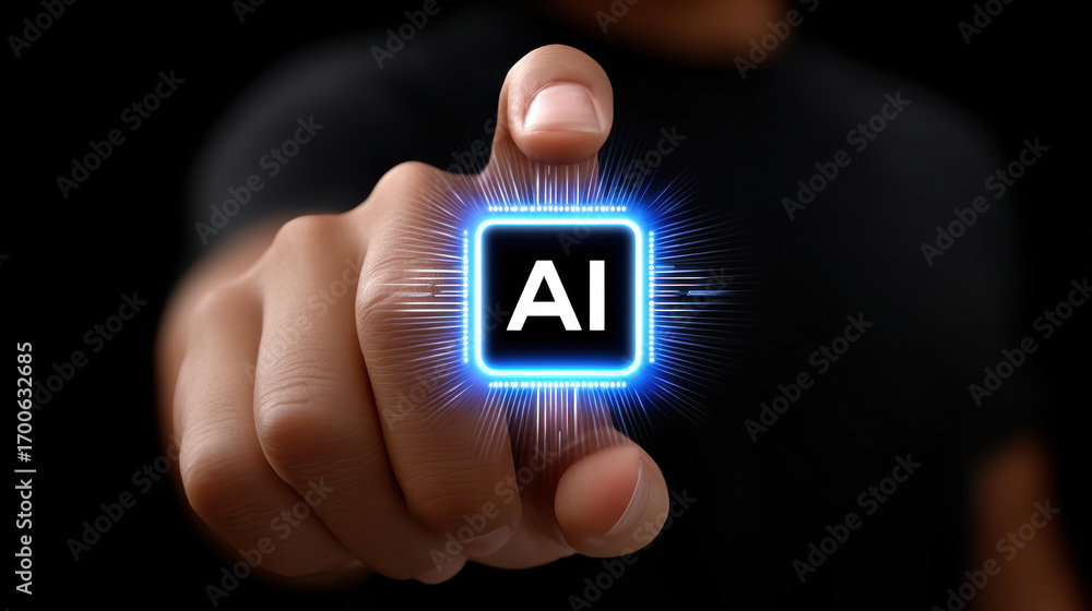 Poster futuristic chip as brain in hand concept showing ai technology glowing with innovation and intellige