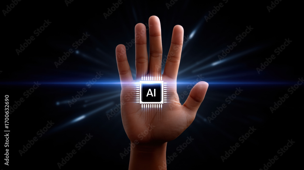 Poster futuristic chip as brain in hand glowing with artificial intelligence concept and digital technology