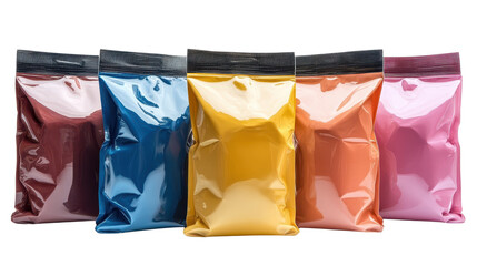 Three metallic zipper pouches in black, gold, and red colors isolated on a white transparent background