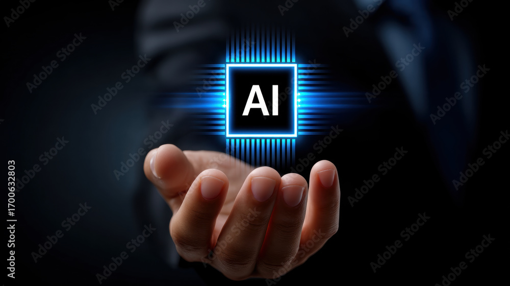 Poster futuristic chip as brain in hand glowing with ai technology concept and innovation for digital intel