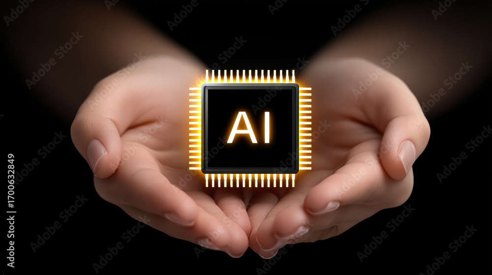Poster futuristic chip glowing as brain in hand symbolizes advanced artificial intelligence technology and 
