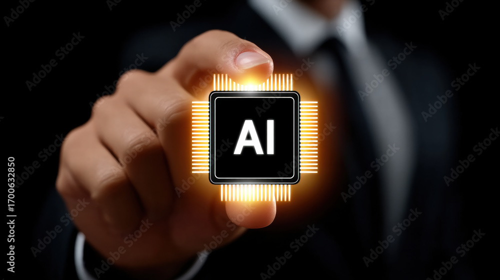 Poster futuristic chip as brain in hand glowing with innovation and intelligence showing advanced technolog