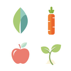 The image shows an apple, carrot, leaf, and sprout. They are colorful and simple.