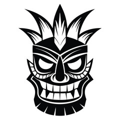 Detailed Black and White Graphic of a Tribal Tiki Mask with Sharp Teeth