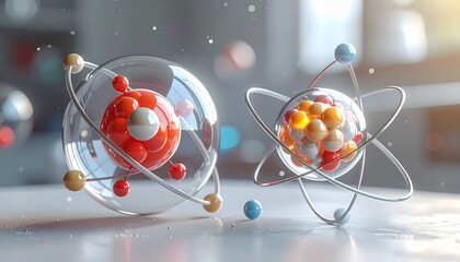 Stylized atomic structures with red, orange, and white nuclei and orbiting electrons on curved paths—set against soft-focus background with glossy, futuristic aesthetic.
