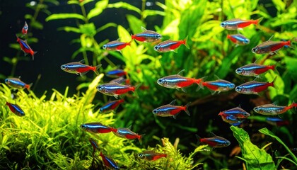 Neon Tetras Swimming in Aquarium with Plants with Aquatic Life.