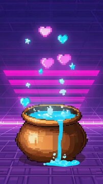 Pixelated Potion Cauldron with Hearts and Stars on Retro Grid Background