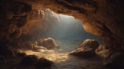 Mystical Cave Interior with Soft Glow and Calm Water Reflections Illuminating Rocky Surroundings in a Natural Underground Environment