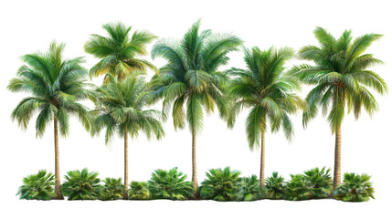 Set of green palm trees isolated on a white transparent background