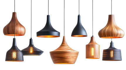 Set of pendant ceiling lamp shades isolated on a white transparent background