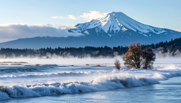 Scenic view of Mount Taranaki and the wave action with misty waves and natural beauty captured during the day - Powered by Adobe