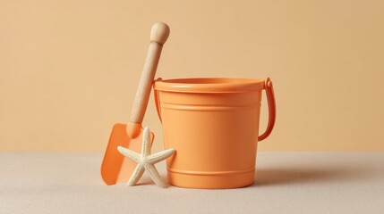 Bright Orange Bucket and Shovel Beside Starfish on a Soft Beige Background for Summer Beach Themes and Creative Projects