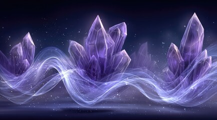 Mystical purple crystals bathed in ethereal light, flowing mist